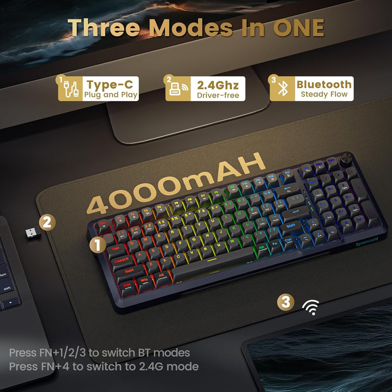 Redragon K688 Wireless Mechanical Keyboard, 3 Mode Gasket Mounted RGB Gaming Keyboard with Volume Knob, Pre-Lubed Linear Switches, MDA-Profile, 98 Keys Hot Swappable Creamy Keyboard for PC/Tablet/Xbox/PS4