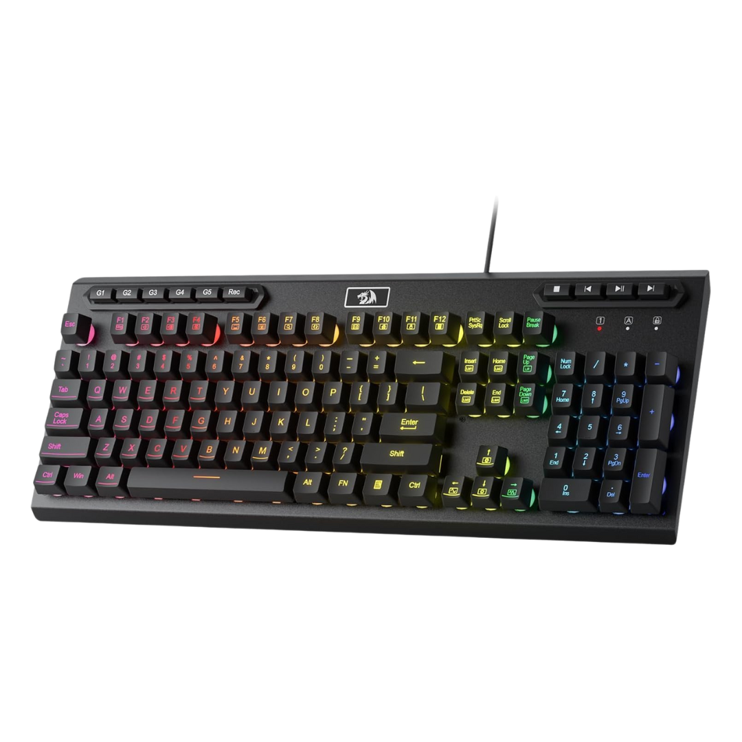 Redragon K513 RGB Membrane Gaming Keyboard, Standard 104 Keys Linear Mechanical-Feel Keyboard w/ 5 Extra On-Board Macro G Keys, Dedicated Media Control, Solid Metal Top Case