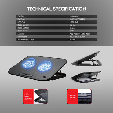 Fantech NoteBook Cooler NC13 Two Fan Suitable For 9-15.6 Inch Laptop